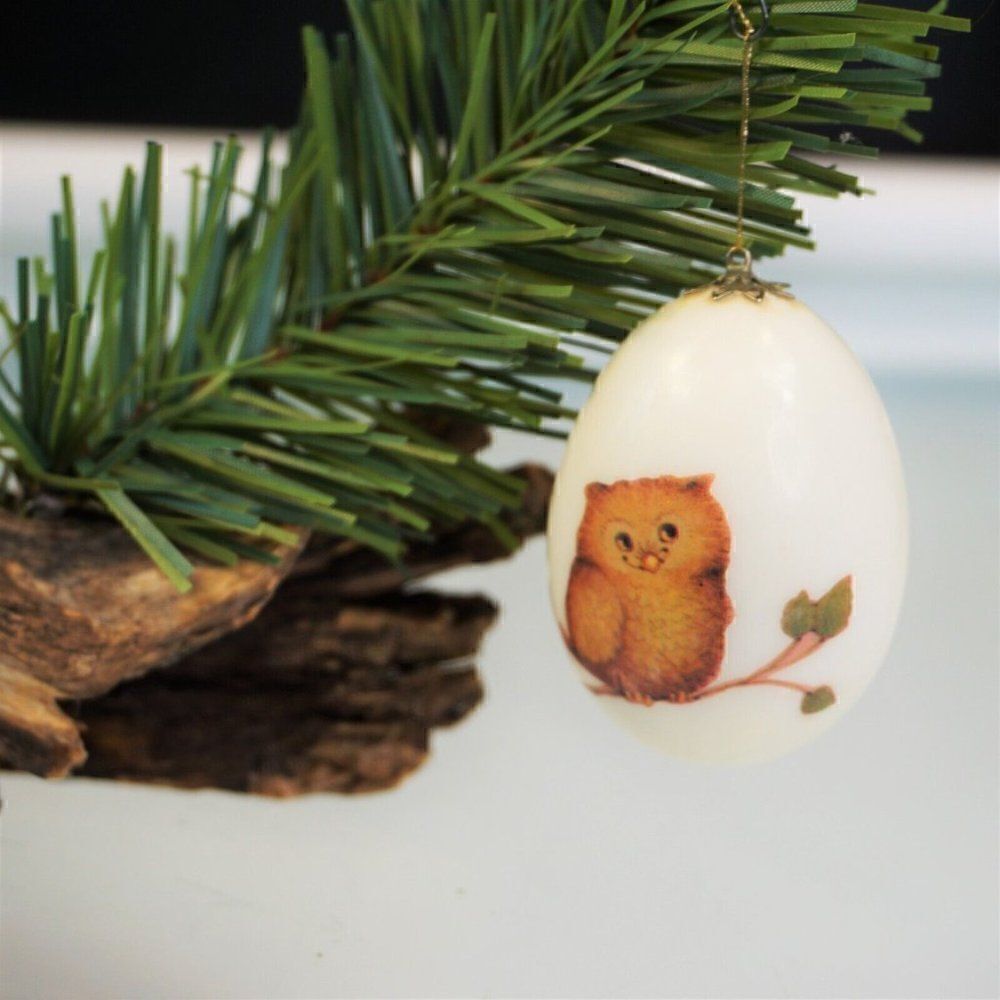 Christmas Egg Holiday Ornament Decoupage Owlet Bird Hanging Egg Ornithology